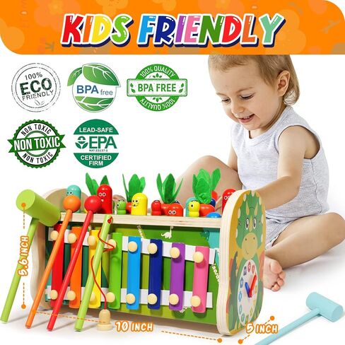 ألعاب مونتيسوري الخشبية للأطفال بعمر 3 سنوات: لعبة قصف الطفل 7 في 1 مع لعبة إكسيليفون لحصاد الجزر وصيد الأسماك، هدية نشاط التطوير التعليمي لعمر 1 2 3 4 سنوات للرضع صبي فتاة أطفال in Kuwait