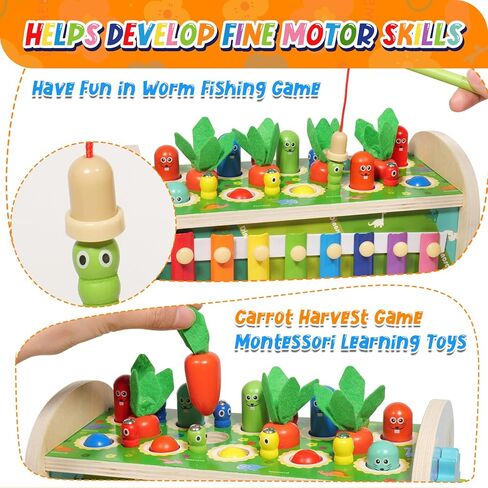 ألعاب مونتيسوري الخشبية للأطفال بعمر 3 سنوات: لعبة قصف الطفل 7 في 1 مع لعبة إكسيليفون لحصاد الجزر وصيد الأسماك، هدية نشاط التطوير التعليمي لعمر 1 2 3 4 سنوات للرضع صبي فتاة أطفال in Kuwait