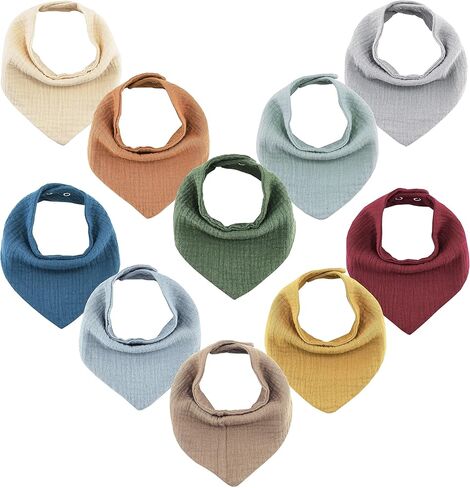 صدريات أطفال من ميردف موسلين مكونة من 10 صدريات أطفال باندانا للجنسين من الأولاد والبنات، مجموعة من 10 ألوان ثابتة من القطن بنسبة 100% in Kuwait