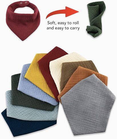 صدريات أطفال من ميردف موسلين مكونة من 10 صدريات أطفال باندانا للجنسين من الأولاد والبنات، مجموعة من 10 ألوان ثابتة من القطن بنسبة 100% in Kuwait