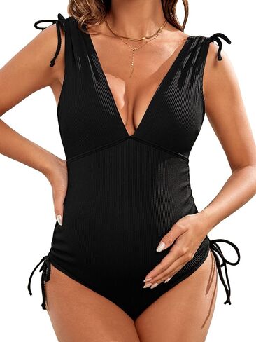 MakeMeChic Women's Maternity Bathing Suit Tie Shoulder Plunging V Neck One Piece Swimsuit in Saudi Arabia