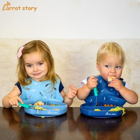 مريلة للأطفال الصغار مصنوعة من السيليكون بنسبة 100% من Carrot Story، مريلة مقاومة للماء وقابلة للغسل، خالية من البيسفينول A، آمنة للاستخدام في الميكروويف/غسالة الأطباق، مجموعة من قطعتين in Kuwait