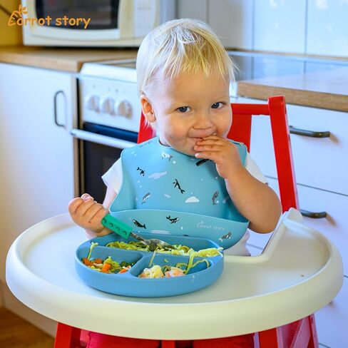 مريلة للأطفال الصغار مصنوعة من السيليكون بنسبة 100% من Carrot Story، مريلة مقاومة للماء وقابلة للغسل، خالية من البيسفينول A، آمنة للاستخدام في الميكروويف/غسالة الأطباق، مجموعة من قطعتين in Kuwait