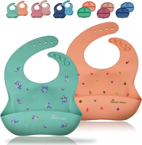 Carrot story 100% Silicone Pocket Baby Toddler Bibs, Waterproof Washable Bibs, BPA Free, Microwave/Dishwasher Safe, Set of 2 in Kuwait