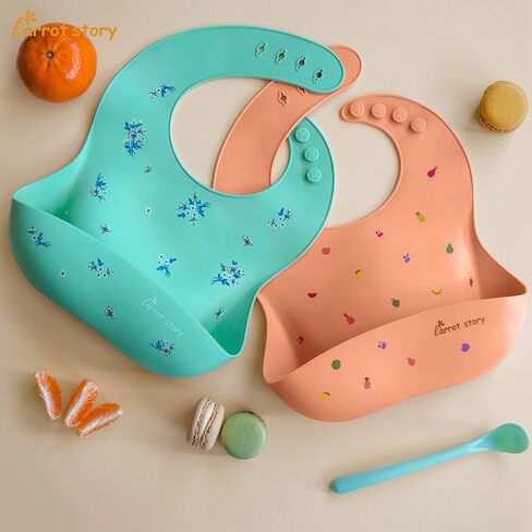 Carrot story 100% Silicone Pocket Baby Toddler Bibs, Waterproof Washable Bibs, BPA Free, Microwave/Dishwasher Safe, Set of 2 in Kuwait