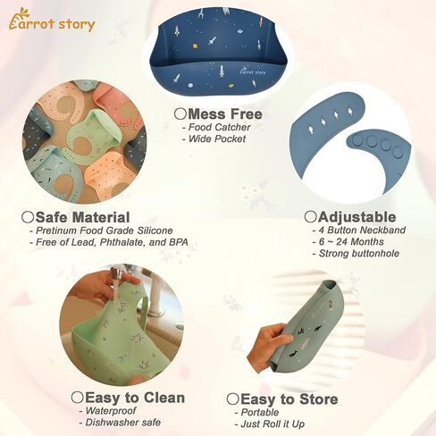 Carrot story 100% Silicone Pocket Baby Toddler Bibs, Waterproof Washable Bibs, BPA Free, Microwave/Dishwasher Safe, Set of 2 in Kuwait