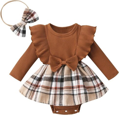 Madjtlqy Newborn Baby Girl Fall Winter Outfit Set Plaid Romper Dress Ruffles Long Sleeve Clothes Jumpsuit with Bow Headband in Saudi Arabia