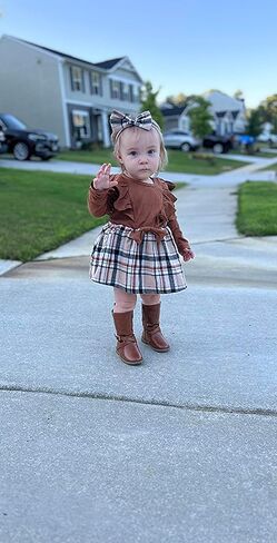 Madjtlqy Newborn Baby Girl Fall Winter Outfit Set Plaid Romper Dress Ruffles Long Sleeve Clothes Jumpsuit with Bow Headband in Saudi Arabia