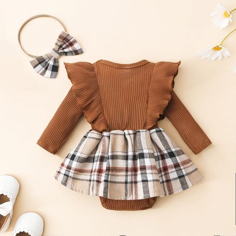 Madjtlqy Newborn Baby Girl Fall Winter Outfit Set Plaid Romper Dress Ruffles Long Sleeve Clothes Jumpsuit with Bow Headband in Saudi Arabia