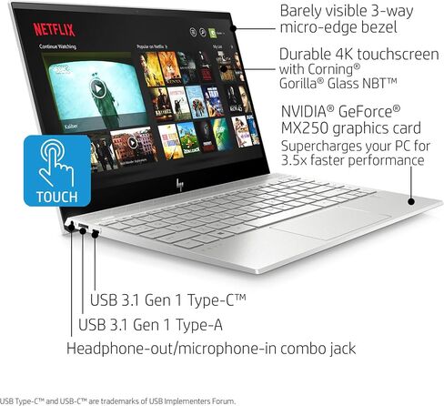 HP ENVY 13-13.99 Inches Thin Laptop w/ Fingerprint Reader, 4K Touchscreen, Intel Core i7-8565U, NVIDIA GeForce MX250 Graphics, 16GB SDRAM, 512GB SSD, Windows 10 Home (13-aq0044nr, Natural Silver) in Saudi Arabia