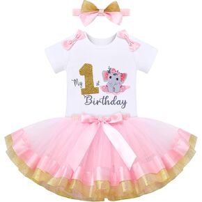 IBTOM CASTLE Cake Smash 1st Birthday Elephant Party Outfit Baby Girl Princess Romper+Tutu Skirt+Headband Photo Props Clothes