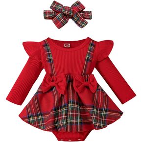 Hnyenmcko Newborn Baby Girl Christmas Clothes Infant Red Plaid Romper Dress Ruffle Long Sleeve Ribbed Bodysuit Headband Set in Saudi Arabia