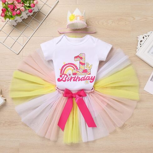 IBTOM CASTLE Baby Girl One Year Old Birthday Floral Lace Party Cake Smash Romper+Tutu Skirt Set+Crown Photo Shoot Clothes in Kuwait