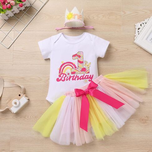 IBTOM CASTLE Baby Girl One Year Old Birthday Floral Lace Party Cake Smash Romper+Tutu Skirt Set+Crown Photo Shoot Clothes in Kuwait