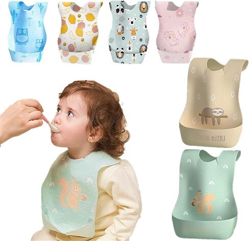 LafaVida 60 Pack Disposable Bibs for Babies and Toddlers with Food Catcher - 6 Popular Cartoon Patterns - Waterproof and Skin-friendly - Suitable for Toddlers,feeding,traveling,outdoor Use in Saudi Arabia