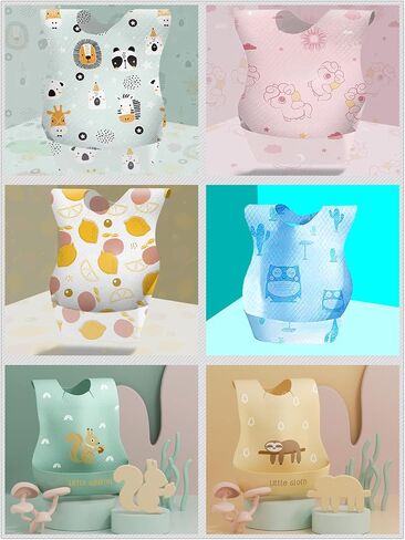 LafaVida 60 Pack Disposable Bibs for Babies and Toddlers with Food Catcher - 6 Popular Cartoon Patterns - Waterproof and Skin-friendly - Suitable for Toddlers,feeding,traveling,outdoor Use in Saudi Arabia
