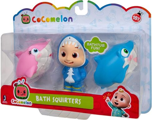 CoComelon Official Bath Squirters, Featuring JJ Character Toy (4" Tall) and 2 Sharks (4" Wide), Bath Time Fun Playset - Character Toys for Babies, Toddlers, and Kids in Saudi Arabia