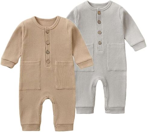 Baby Boy Newborn Rompers Long Sleeve Jumpsuit Infant Knit Outfits Clothes | 2 pack solid bodysuit footless romper, soft, snap closure, easy diaper change in Saudi Arabia