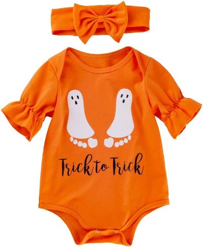 بدلة ماي فيرست هالووين للأطفال حديثي الولادة للأولاد والبنات برتقالية من قطعة واحدة خدعة لخدعة مع عصابة رأس in Kuwait