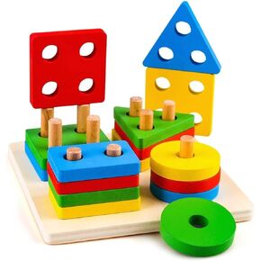 Montessori Puzzles for 1 2 3 Year Old Boys, Girls & Toddlers - Wooden Shape Sorter & Stacking Toys for Toddlers - Puzzles for 1 year old, 1 Year Old Puzzle, Shape Sorting Toys for Toddlers 1-3