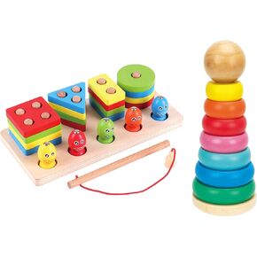 منتجات LMC ألعاب خشبية مكونة من قطعتين من مكدس حلقات قوس قزح وفارز الأشكال مع سمكة مغناطيسية - فارز أشكال مونتيسوري، ألعاب الفرز والتكديس، لعبة تعليمية للأطفال بعمر 3 سنوات فما فوق، تبرع لمستشفى الأطفال in Kuwait