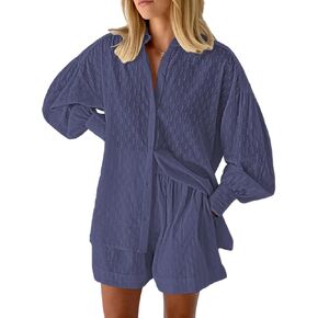 Meenew Women's 2 Piece Outfits Long Sleeve Button Down Shirts and Shorts Set Casual Lounge Set Sweatsuits