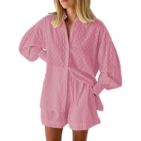 Meenew Women's 2 Piece Outfits Long Sleeve Button Down Shirts and Shorts Set Casual Lounge Set Sweatsuits