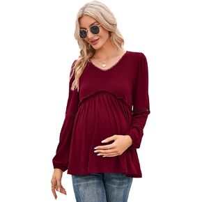 Coolmee Women's Maternity Puff Long Sleeve Shirts V Neck Tops Casual Fall Ruffle Babydoll Loose Flowy Hollow Out Tunic Blouse in Kuwait