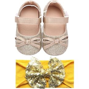 Baby Girls Glitter Sequins Sparkly Bling Bowknot Anti-Slip Mary Jane Flat Crib Shoes & Headband (0-6 Months, Gold)