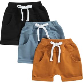 FEIBEL Baby Boy 3-Pack Shorts Toddlers Casual Cotton Pants Elastic Drawstring Shorts Sweatpants with Pockets, 0-3 Years