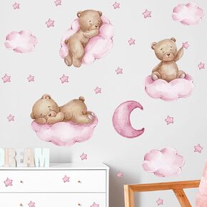 Tedy Bear Stars Moon Cloud Wall Stickers, Pink Wall Decals for Nursery Kids Room Living Room Bedroom Decorations Home Decor in Kuwait