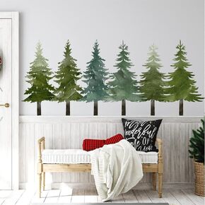 Watercolor Pine Tree Wall Decals Forest Nature Tree Wall Clings Stickers | Forest Mountain Tree Wall Decal, Pine Tree Window Clings, Peel Stick Woodland Decor, Trees Stickers for Kids Room Classroom in Kuwait