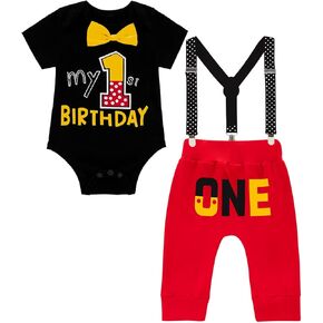 LENSOUS Baby Boys First Birthday Cake Smash Outfits Bowtie One Year Old Romper Pants Set