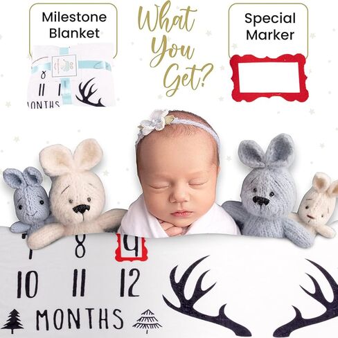 بطانية EOIRQHOPDD Baby Milestone - حجم كبير 40 بوصة × 47 بوصة - صوف الفانيلا الفاخر - تسليط الضوء على الرقم الشهري - التقاط نمو الطفل - خلفية التصوير الفوتوغرافي - إكليل الزهور متضمن (قرن الوعل) in Kuwait