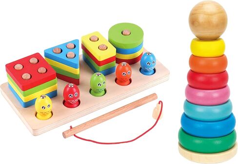 منتجات LMC ألعاب خشبية مكونة من قطعتين من مكدس حلقات قوس قزح وفارز الأشكال مع سمكة مغناطيسية - فارز أشكال مونتيسوري، ألعاب الفرز والتكديس، لعبة تعليمية للأطفال بعمر 3 سنوات فما فوق، تبرع لمستشفى الأطفال in Kuwait