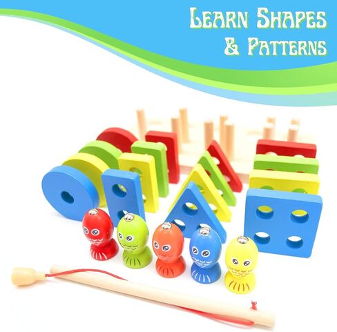 منتجات LMC ألعاب خشبية مكونة من قطعتين من مكدس حلقات قوس قزح وفارز الأشكال مع سمكة مغناطيسية - فارز أشكال مونتيسوري، ألعاب الفرز والتكديس، لعبة تعليمية للأطفال بعمر 3 سنوات فما فوق، تبرع لمستشفى الأطفال in Kuwait