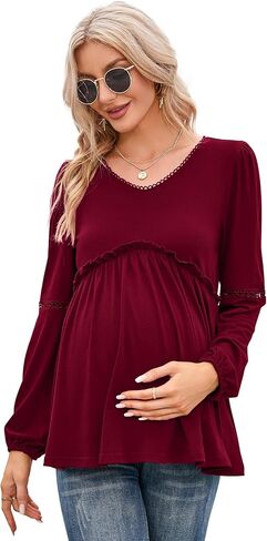 Coolmee Women's Maternity Puff Long Sleeve Shirts V Neck Tops Casual Fall Ruffle Babydoll Loose Flowy Hollow Out Tunic Blouse in Kuwait