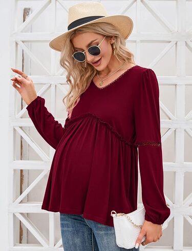 Coolmee Women's Maternity Puff Long Sleeve Shirts V Neck Tops Casual Fall Ruffle Babydoll Loose Flowy Hollow Out Tunic Blouse in Kuwait