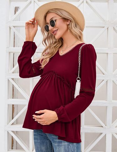 Coolmee Women's Maternity Puff Long Sleeve Shirts V Neck Tops Casual Fall Ruffle Babydoll Loose Flowy Hollow Out Tunic Blouse in Kuwait