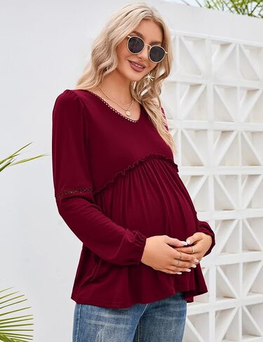 Coolmee Women's Maternity Puff Long Sleeve Shirts V Neck Tops Casual Fall Ruffle Babydoll Loose Flowy Hollow Out Tunic Blouse in Kuwait