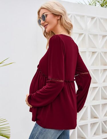 Coolmee Women's Maternity Puff Long Sleeve Shirts V Neck Tops Casual Fall Ruffle Babydoll Loose Flowy Hollow Out Tunic Blouse in Kuwait