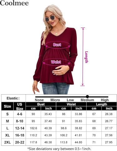 Coolmee Women's Maternity Puff Long Sleeve Shirts V Neck Tops Casual Fall Ruffle Babydoll Loose Flowy Hollow Out Tunic Blouse in Kuwait