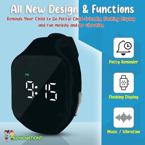 Square Button Potty Training Watch - Toilet Training Timer - Rechargeable Water-Resistant Digital Watch Time Reminder Vibrates & Plays Music Fashionable & Functional Gift for Kids, Black in Saudi Arabia