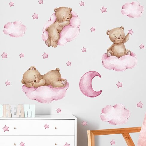 Tedy Bear Stars Moon Cloud Wall Stickers, Pink Wall Decals for Nursery Kids Room Living Room Bedroom Decorations Home Decor in Kuwait