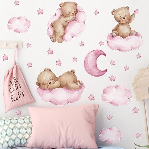 Tedy Bear Stars Moon Cloud Wall Stickers, Pink Wall Decals for Nursery Kids Room Living Room Bedroom Decorations Home Decor in Kuwait