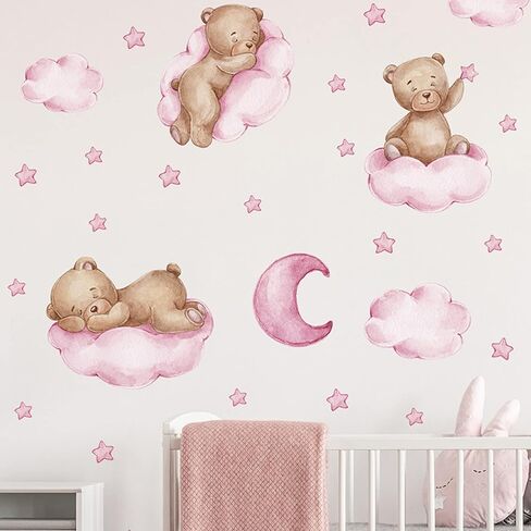 Tedy Bear Stars Moon Cloud Wall Stickers, Pink Wall Decals for Nursery Kids Room Living Room Bedroom Decorations Home Decor in Kuwait