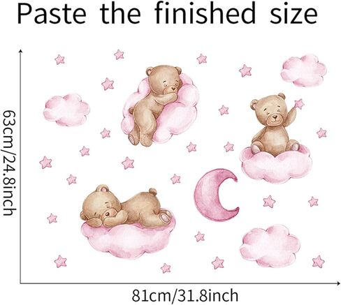 Tedy Bear Stars Moon Cloud Wall Stickers, Pink Wall Decals for Nursery Kids Room Living Room Bedroom Decorations Home Decor in Kuwait