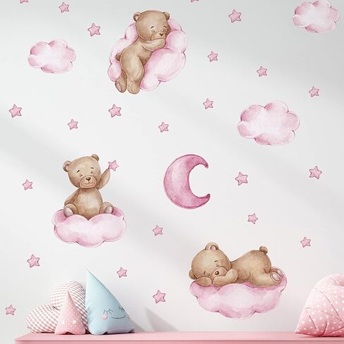 Tedy Bear Stars Moon Cloud Wall Stickers, Pink Wall Decals for Nursery Kids Room Living Room Bedroom Decorations Home Decor in Kuwait