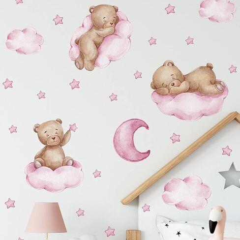 Tedy Bear Stars Moon Cloud Wall Stickers, Pink Wall Decals for Nursery Kids Room Living Room Bedroom Decorations Home Decor in Kuwait