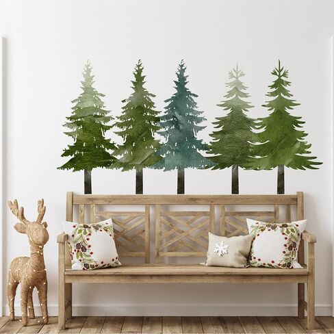 Watercolor Pine Tree Wall Decals Forest Nature Tree Wall Clings Stickers | Forest Mountain Tree Wall Decal, Pine Tree Window Clings, Peel Stick Woodland Decor, Trees Stickers for Kids Room Classroom in Saudi Arabia